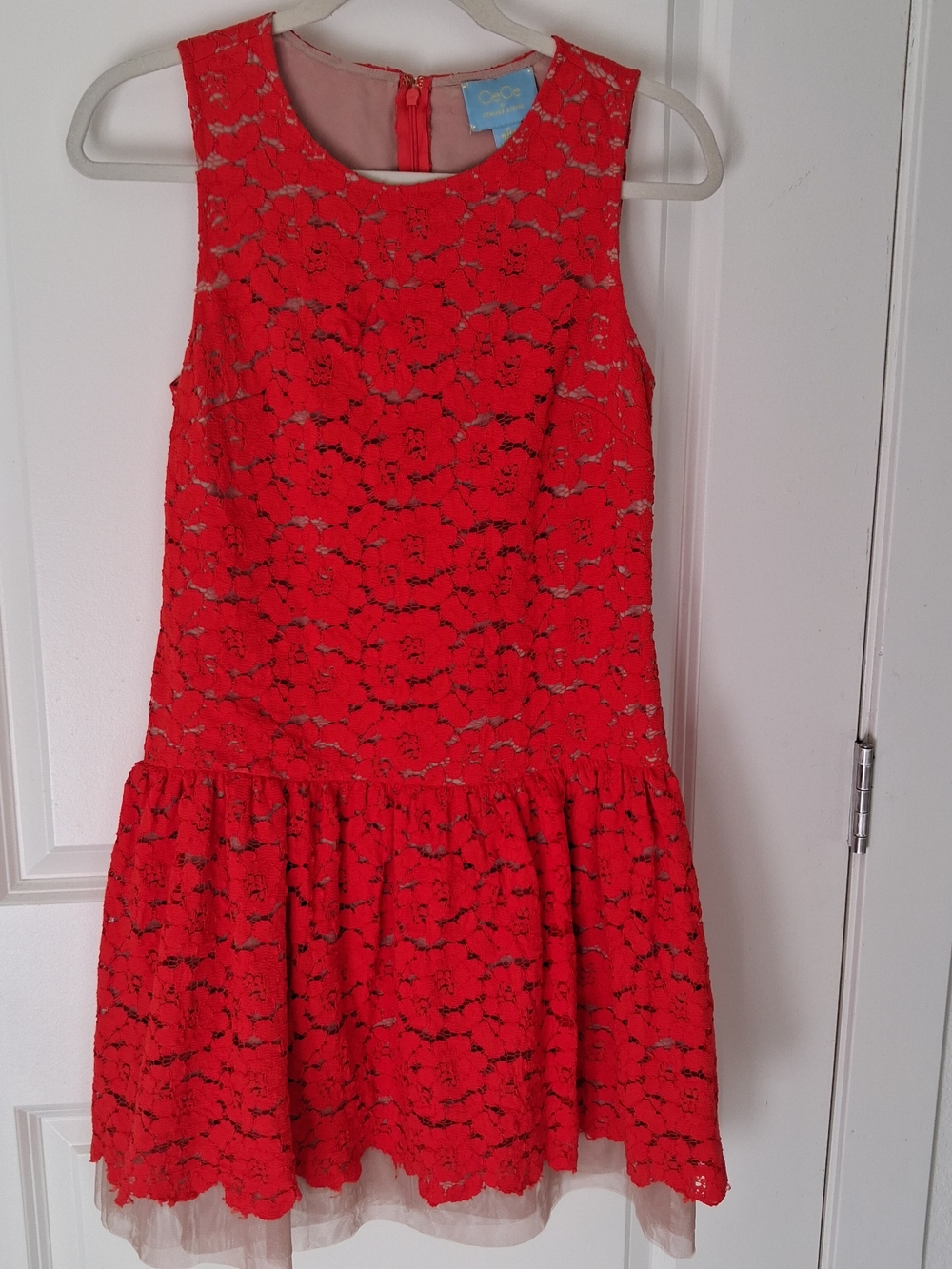 CeCe by Cynthia Steffe Red Floral Lace Drop Waist Nude Lined Dress. S